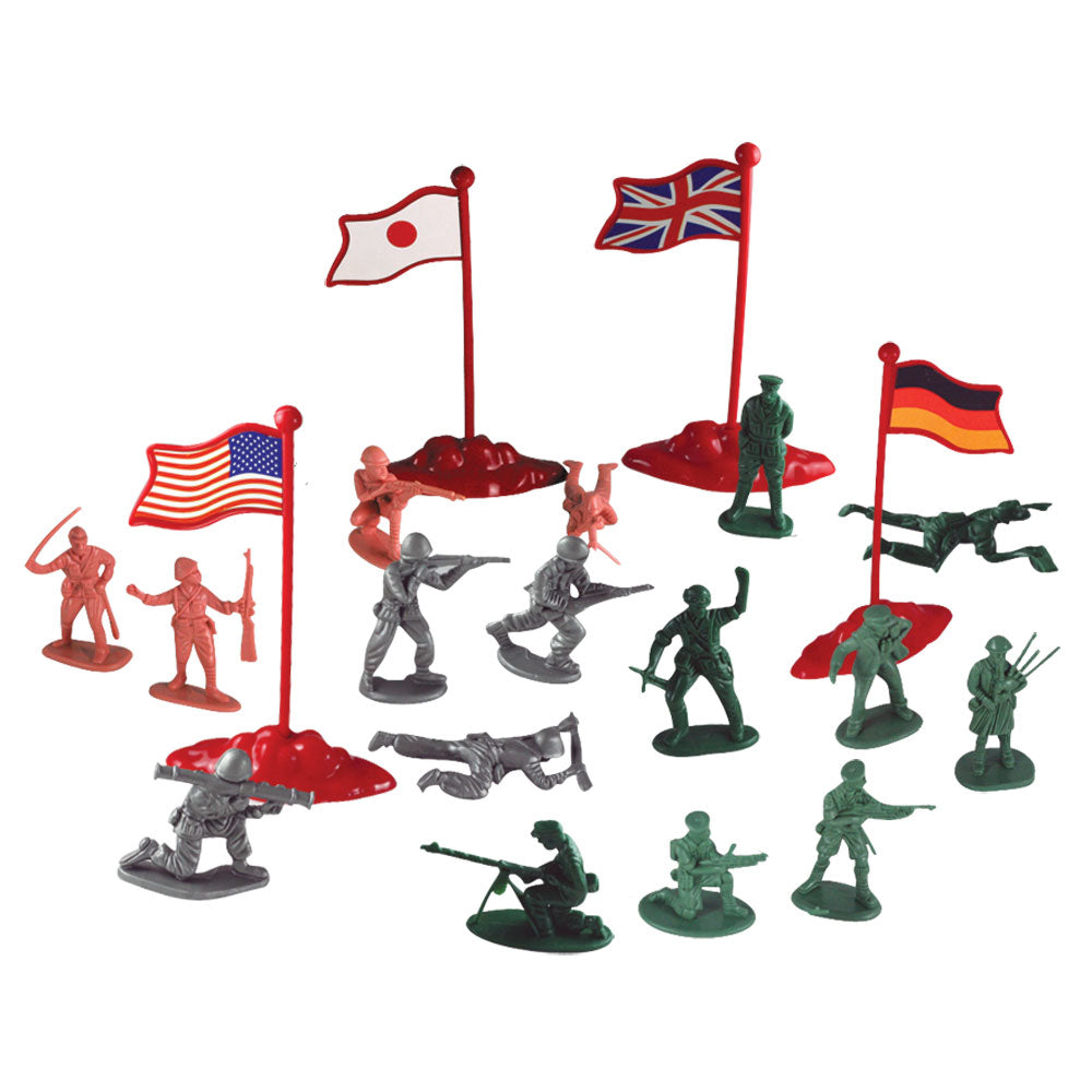 Deluxe 200 Piece Durable plastic toy soldiers Army Men Playset with 200 Assorted Figurines in 4 Colors and Assorted International Flags from Four Countries.