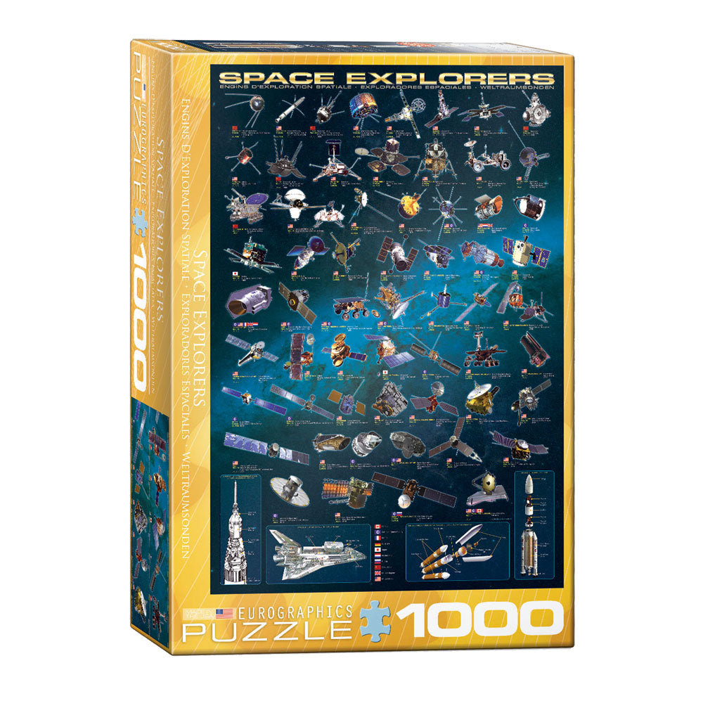1,000 Piece Jigsaw Puzzle made from Recycled Paper depicting Various Space Explorer Satellites and Space Rockets throughout History shown in its original packaging by EuroGraphics.