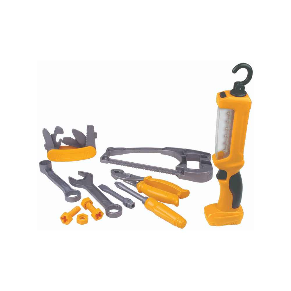 This set is loaded with lots of great tools to keep little builders busy! Each tool is made of rugged high-impact plastic. Includes: Working LED light with hook for hanging Multi-Tool Saw Nuts and Bolts Pliers Wrenches Tool Tech Red Box Toys