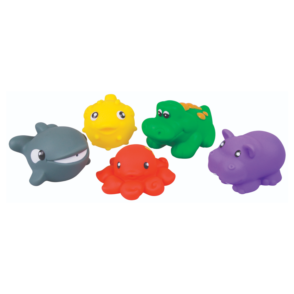 Each colorful water animal in this set are just the right size for little hands and are perfect for fun in the tub! 3" Long For ages 18 Months and up Red Box