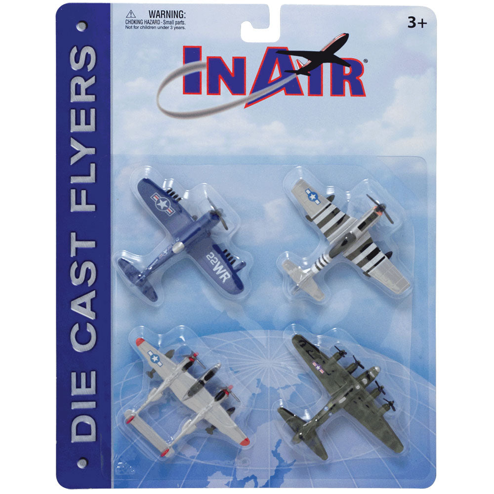 SET of 4 Durable Die Cast World War II Fighter Bomber Aircraft with Authentic Markings and Details including the B-17 Flying Fortress, Vought F4U Corsair, P-51 Mustang, and P-38 Lightning II in its Original Packaging.