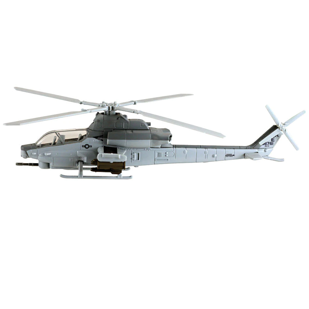 This 1:55 scale die-cast metal Bell AH-1Z Cobra helicopter measures 10.5 inches long and includes display stand. Limited Edition replica is individually serial numbered. Diecast metal and plastic Includes display stand Doors open and propeller spins 10.5 inches long 1:55 scale