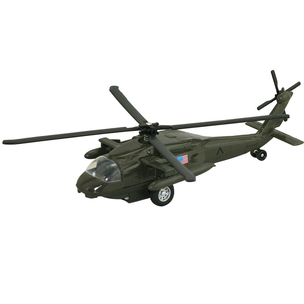 This 10.5 inch long diecast metal pullback replica of the Black Hawk Helicopter is sure to please both young and old alike! Great value! Diecast metal and plastic Pullback and Go Action! 10.5 inches long INTBHH