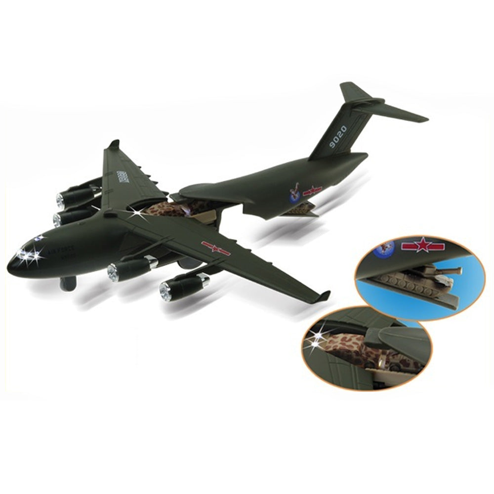 Children will love this diecast metal pullback replica of a military transport aircraft! Model opens to reveal tanks and humvees inside. Pull Back & Go Action! Flashing lights & authentic sounds! Diecast metal and plastic 8 inches long C-17 Loadmaster C-17 Globemaster