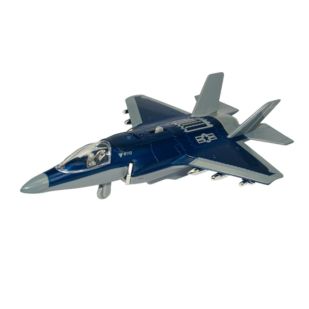 This 8 inch diecast metal pullback of the F-35 Fighter Jet is sure to please aviation enthusiasts of all ages! Features Lights & Sounds and fun pullback and go action! Diecast metal and plastic Pullback and Go Action! 8 inches long