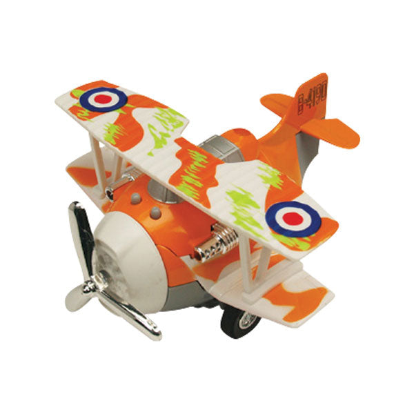 4 Inch Long Durable Die Cast Metal and Plastic Friction Powered Pullback Action Biplane Aircraft with Spinning Propeller when in Motion in Assorted Colors.