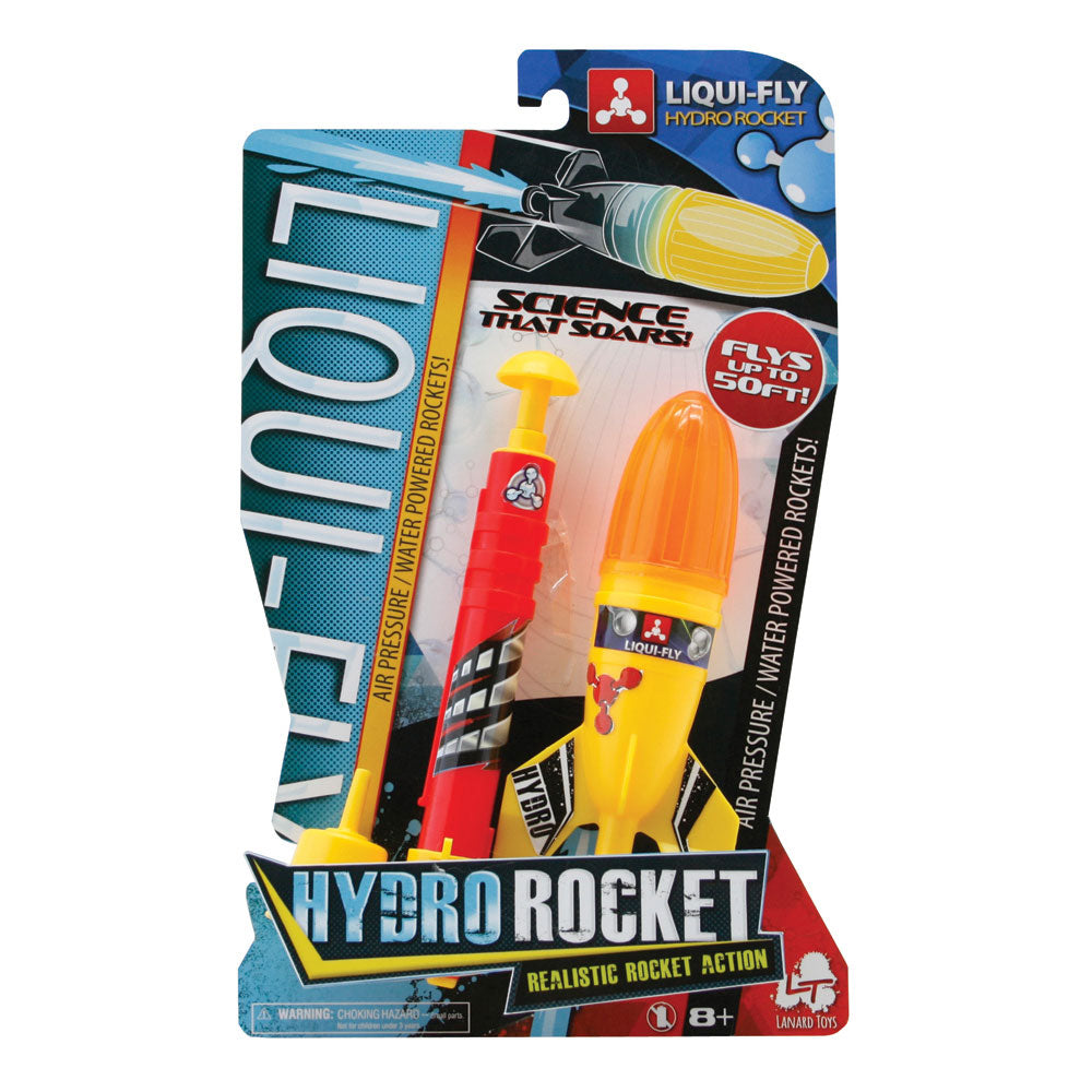 1 Colorful Plastic Water Propelled Rocket, Funnel for Filling the Rocket, a Water Pressure Powered Launcher, and a Flight Book with Fun Facts and Games in its Original Packaging.
