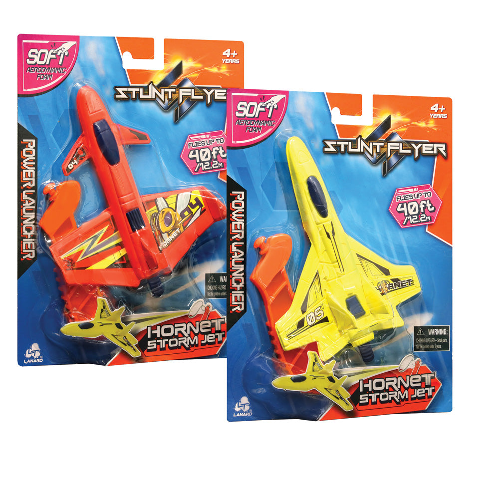 Stunt Flyer Hornet Storm Jet Made from soft, lightweight, aerodynamic foam, these stunt flyers resemble airshow jets and fly up to 40 feet! Ages 4+ Two Assorted Styles Material: Foam Flying Toys Lanard Toys