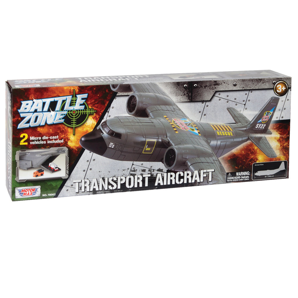This jumbo transporter features a huge 19” wingspan with different opening doors and hatches on the nose, wings and rear of the aircraft for carrying lots of cargo!
Playset includes two diecast metal vehicles.