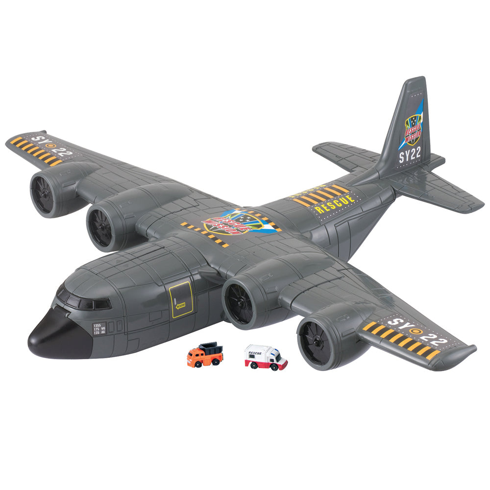 This jumbo transporter features a huge 19” wingspan with different opening doors and hatches on the nose, wings and rear of the aircraft for carrying lots of cargo!
Playset includes two diecast metal vehicles.