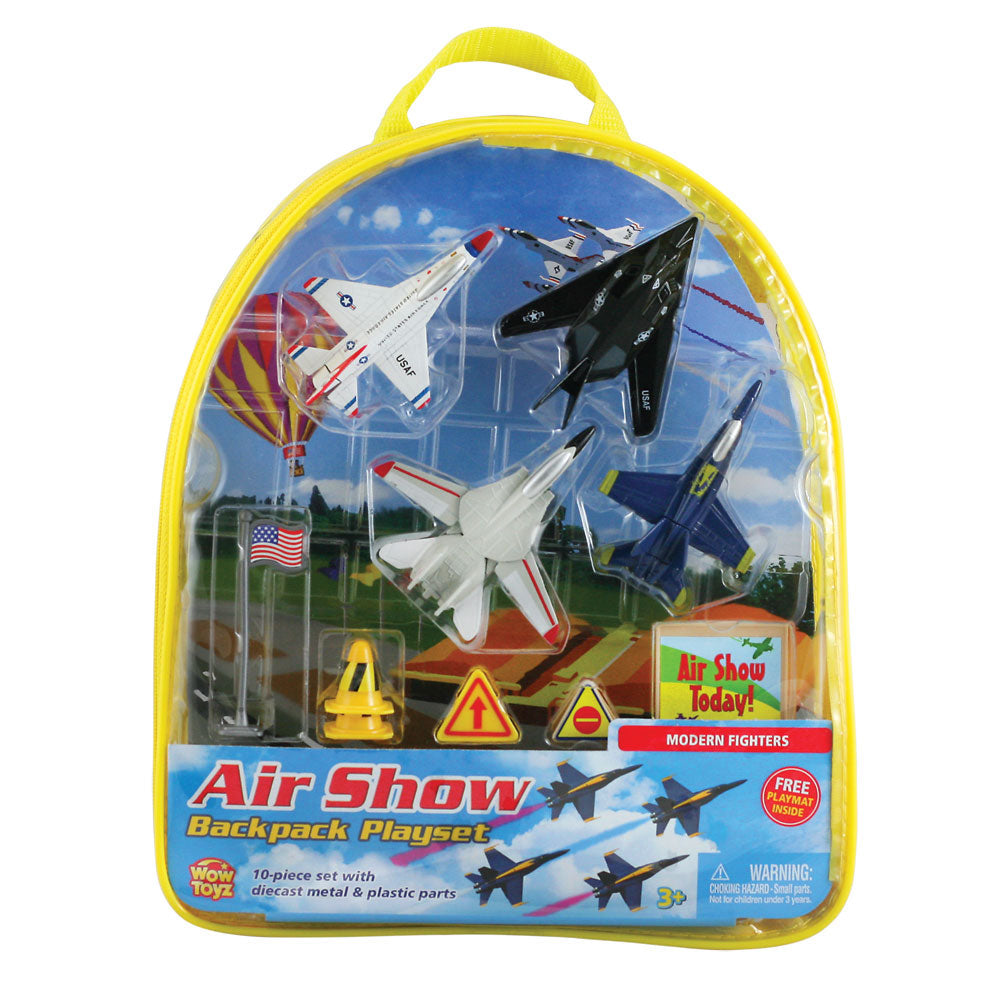 WowToyz Modern toy airplanes - 10-Piece 1:64 Scale Playset that comes in a Backpack Carry Case Featuring 4 Die Cast Metal Modern Stealth and Fighter Aircraft with Moving Parts, Plastic Accessories, and Realistic Playmat by RedBox / Motormax. F-117 Nighthawk, F/A-18 Hornet Blue Angels, F-16 Fighting Falcon Thunderbirds, and F-14 Swing Wings Tomcat.
