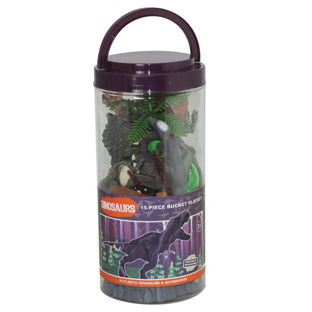 This collection of authentically detailed dinosaurs and accessories comes in an eco-friendly, reusable bucket for hours of imaginative play and convenient storage! Bucket lids feature a twist locking mechanism to keep the pieces in place for travel or storage. 15 assorted plastic dinosaurs and accessories, 3” - 5” long Sustainable toys