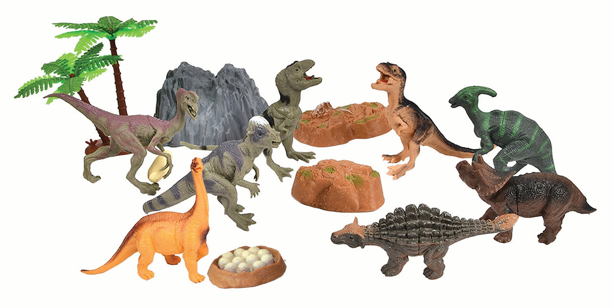 This collection of authentically detailed dinosaurs and accessories comes in an eco-friendly, reusable bucket for hours of imaginative play and convenient storage! Bucket lids feature a twist locking mechanism to keep the pieces in place for travel or storage. 15 assorted plastic dinosaurs and accessories, 3” - 5” long Sustainable toys