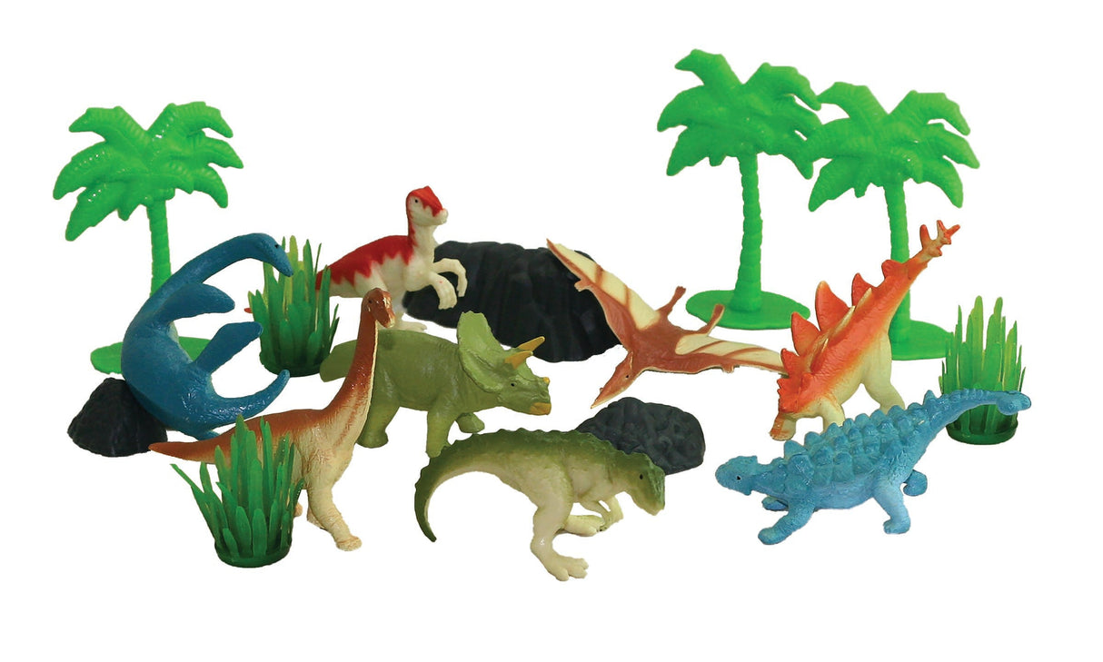 This collection of authentically detailed dinosaurs and accessories comes in an eco-friendly, reusable bucket for hours of imaginative play and convenient storage! Bucket lids feature a twist locking mechanism to keep the pieces in place for travel or storage. Free playmat included! 18 assorted plastic dinosaurs, accessories and playmat, dinosaurs measure 3” long Mini Bucket Sustainable Toys