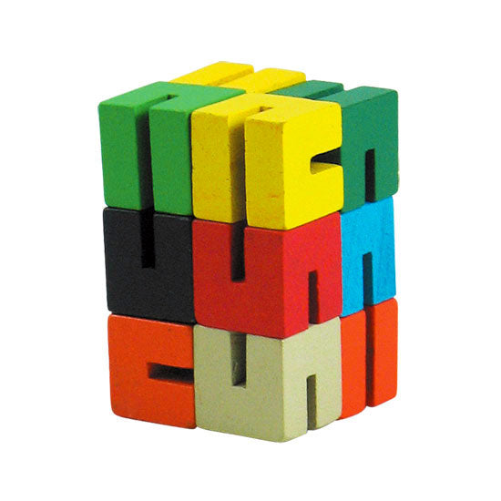 Durable Wooden Puzzle Fidget Toy Composed of 12 Colorful Cubes Strung Together by Heavy Duty Nylon Elastic and Painted with Lead Free Paint.