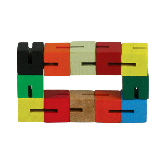 Durable Wooden Puzzle Fidget Toy Composed of 12 Colorful Cubes Strung Together by Heavy Duty Nylon Elastic and Painted with Lead Free Paint.