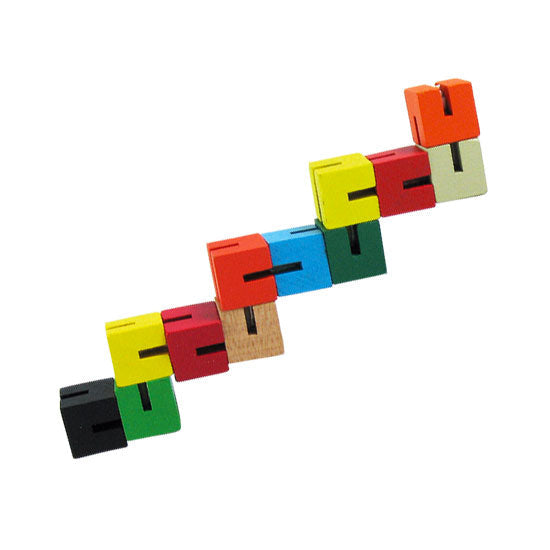 Durable Wooden Puzzle Fidget Toy Composed of 12 Colorful Cubes Strung Together by Heavy Duty Nylon Elastic and Painted with Lead Free Paint.