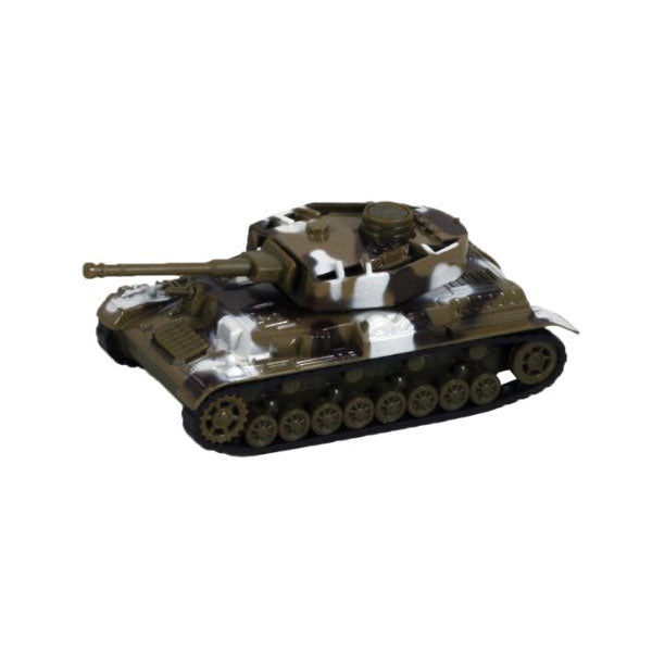 5 Inch Long Durable Die Cast Metal Friction Powered Pullback Action Camouflage Military Tank with Turret that moves Up and Down Manually and Side to Side when Moving Along. Comes in 6 Assorted Styles.
