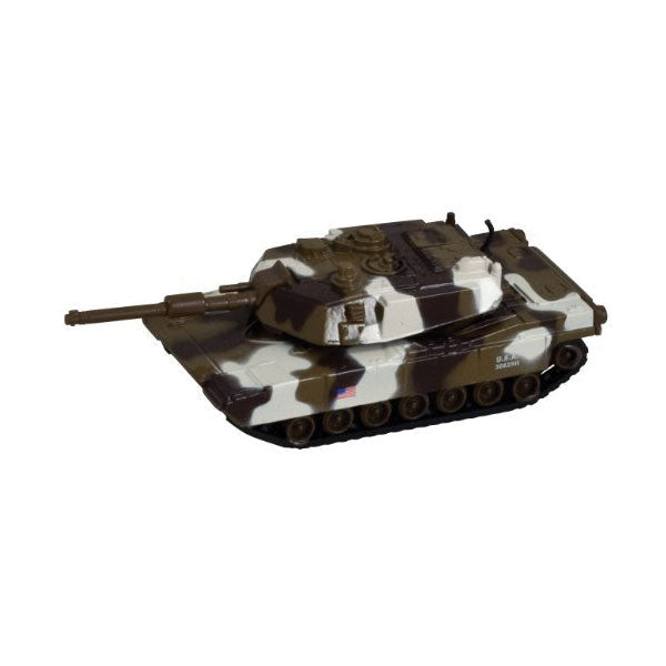 5 Inch Long Durable Die Cast Metal Friction Powered Pullback Action Camouflage Military Tank with Turret that moves Up and Down Manually and Side to Side when Moving Along. Comes in 6 Assorted Styles.