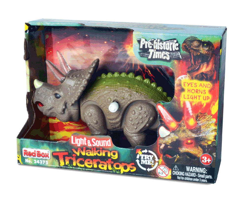 8 Inch Long Durable Plastic Realistic Wind Up Triceratops Horned Dinosaur that includes Light Up Eyes & Horns, Stomping Action and Roaring Sounds in its Original Packaging.