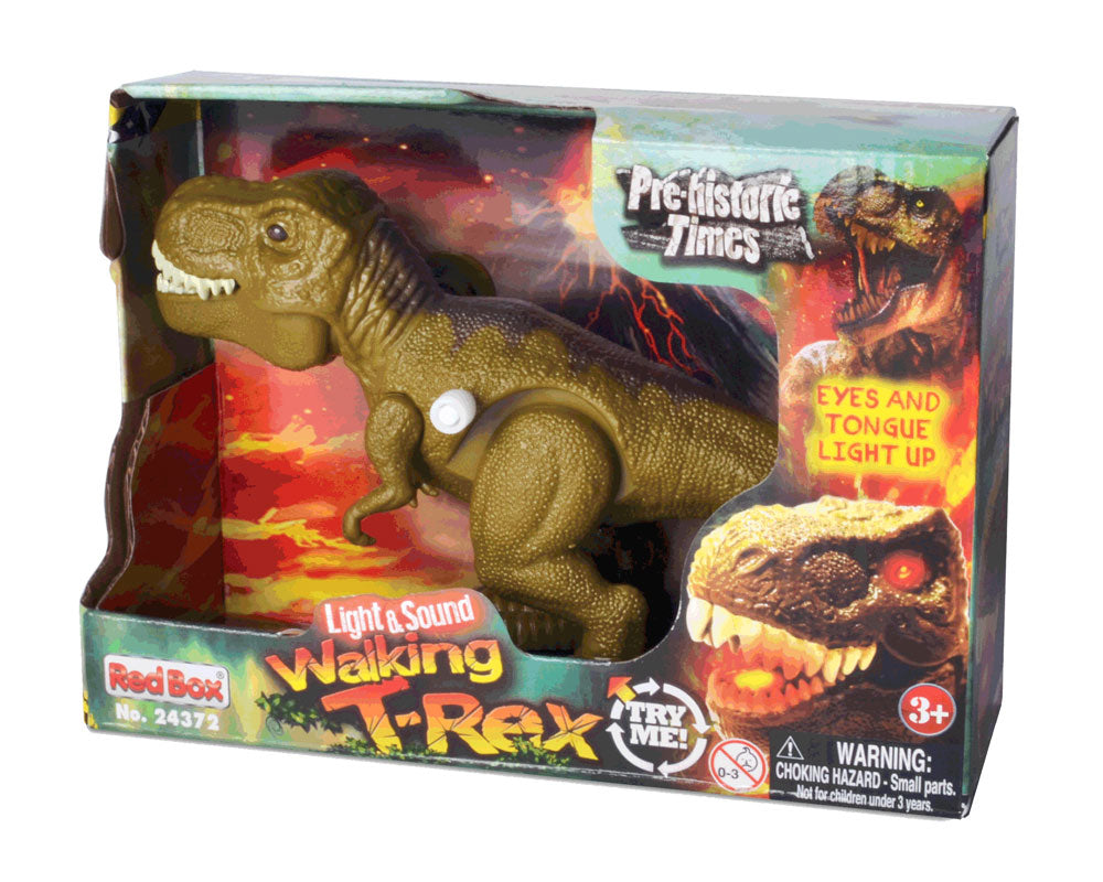 8 Inch Long Durable Plastic Realistic Wind Up Tyrannosaurus T-Rex Dinosaur that includes Light Up Eyes & Tongue, Stomping Action and Roaring Sounds in its Original Packaging.