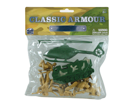 12 Piece Set of Plastic Army Men Troops featuring a Tank and Helicopter in its Original Packaging by Classic Armour.
