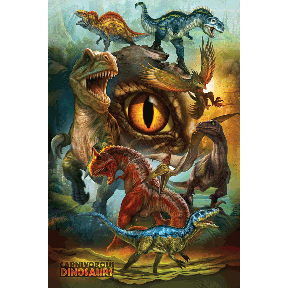 100 Piece Illustrative Jigsaw Puzzle made from Recycled Paper depicting Various Carnivorous Dinosaurs by EuroGaphics.