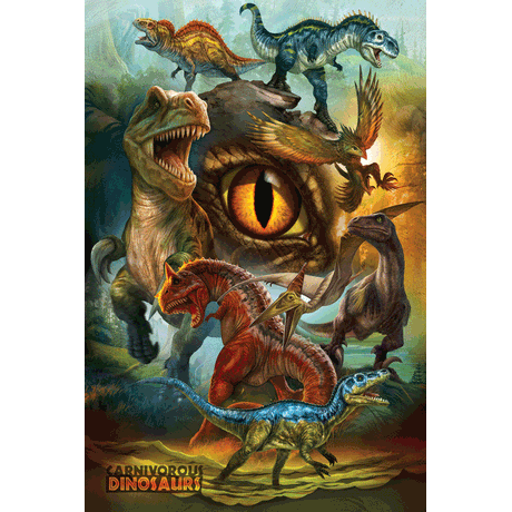 100 Piece Illustrative Jigsaw Puzzle made from Recycled Paper depicting Various Carnivorous Dinosaurs by EuroGaphics.