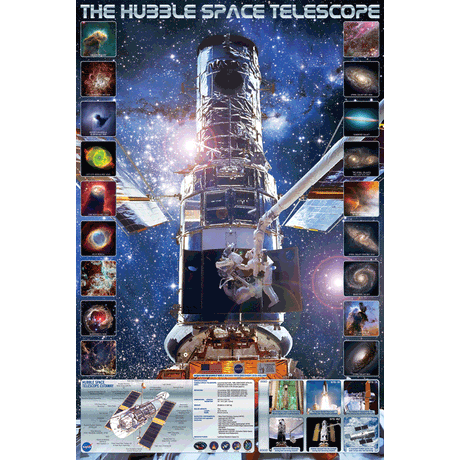 24 x 36 inch Non-Laminated Paper Poster Depicting a large image of Astronauts working on the Hubble Space Telescope, Images Hubble has Captured, Telescope Specification, and its Launch by EuroGraphics.