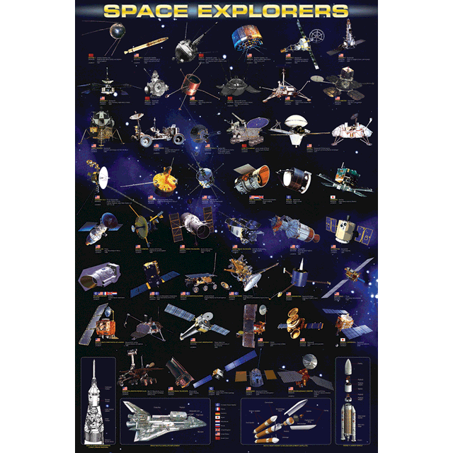 24 x 36 inch Non-Laminated Paper Poster Depicting Various Space Explorer Satellites and Space Rockets throughout History by EuroGraphics.