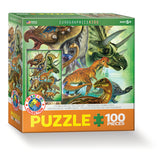 Dinosaur-themed puzzle box with colorful illustrations of dinosaurs on a white background