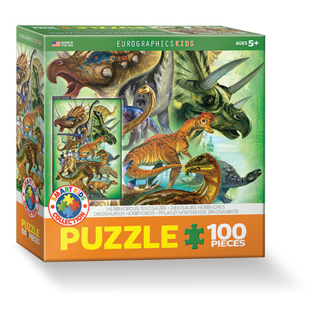 Dinosaur-themed puzzle box with colorful illustrations of dinosaurs on a white background