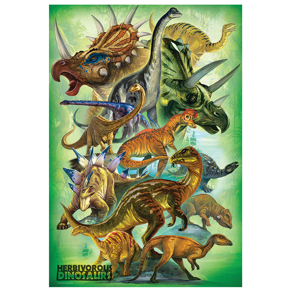 Puzzle that features Illustration of various herbivorous dinosaurs on a green background