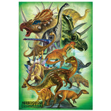 Puzzle that features Illustration of various herbivorous dinosaurs on a green background
