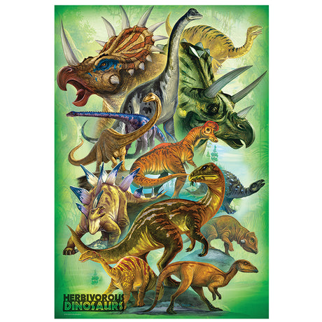 Puzzle that features Illustration of various herbivorous dinosaurs on a green background