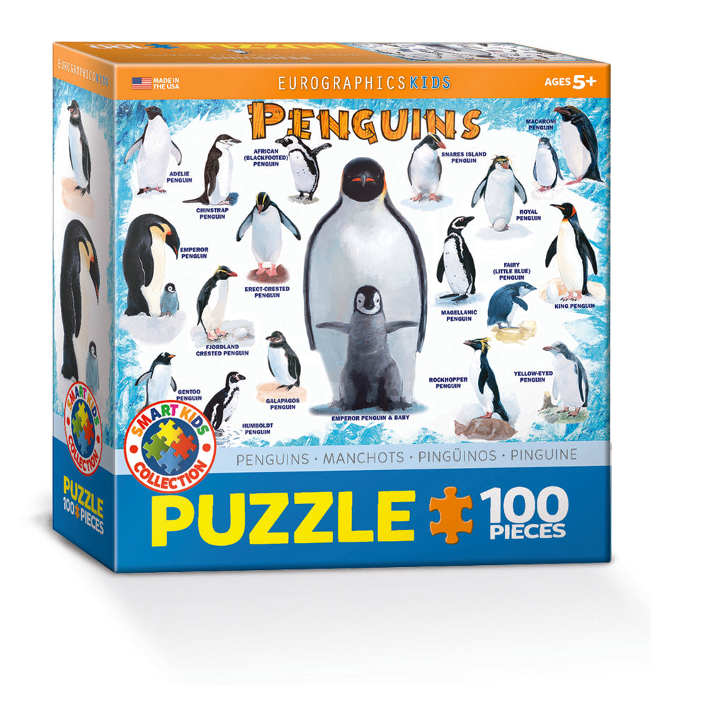 Penguin-themed puzzle box with various penguin illustrations on a white background
