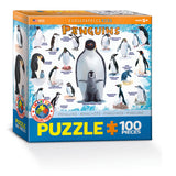 Penguin-themed puzzle box with various penguin illustrations on a white background