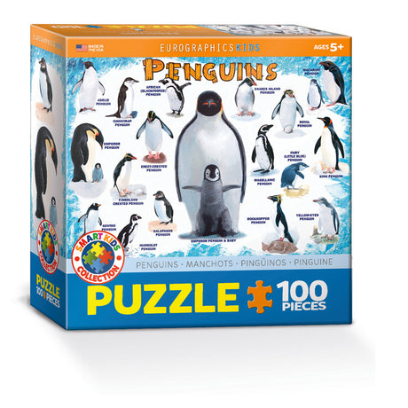 Penguin-themed puzzle box with various penguin illustrations on a white background