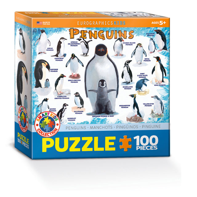 Penguin-themed puzzle box with various penguin illustrations on a white background