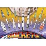 100 Piece Jigsaw Puzzle made from Recycled Paper depicting various Illustrated International Rockets throughout History with Earth and Moon shown in the Background by EuroGaphics.