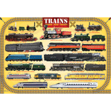 100 Piece Jigsaw Puzzle made from Recycled Paper depicting Illustrations of Various Steam and Diesel Locomotive Trains encircled by a Train Track Border by EuroGaphics.