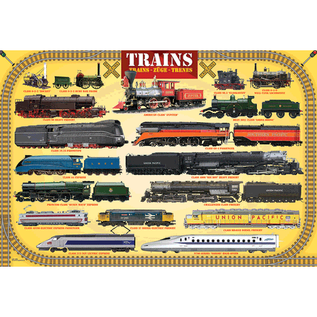 100 Piece Jigsaw Puzzle made from Recycled Paper depicting Illustrations of Various Steam and Diesel Locomotive Trains encircled by a Train Track Border by EuroGaphics.