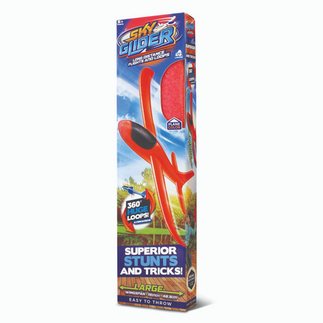 Lanard Toys Red Sky Foam Glider hand-launch stunt flyers have a 19" wingspan and can glide up to 100 feet! They also feature adjustable tail stabilizers for glides or loops and 360 degree stunts. Ages 6+ Wingspan: 19 inches Assorted Colors: Blue and Red Material: Foam