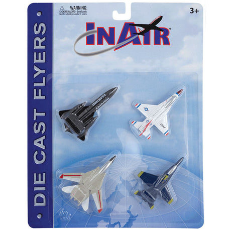 SET of 4 Durable Die Cast Modern Fighter Bomber Aircraft with Authentic Markings and Details including the F-18 Hornet Blue Angels, F-14 Tomcat, F-16 Fighting Falcon Thunderbirds, & SR-71 Blackbird in its Original Packaging.