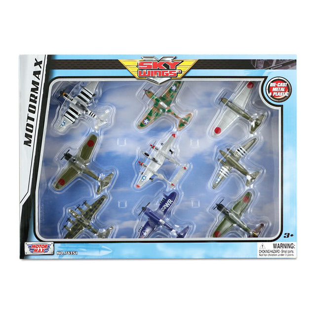 Sky Wings Motormax - Set of 9 Diecast Metal World War II Replica Aircraft including P-51 Mustang, P-40 Flying Tiger, D4Y3 Judy, Nakajima Ki-43 Oscar, P-38 Lightning, C-47 Skytrain, B-17 Flying Fortress, F4U Corsair and Nakajima B5N ‘Kate’ each measuring Approximately 3.5 Inches Long. InAir Diecast Flyers