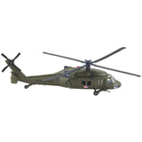 1:60 Scale Die Cast Metal and Plastic Collectible Green Sikorsky UH-60 Black Hawk Military Helicopter with Authentic Details, Opening Doors, Spinning Props, Display Stand and Educational Collectors Card.