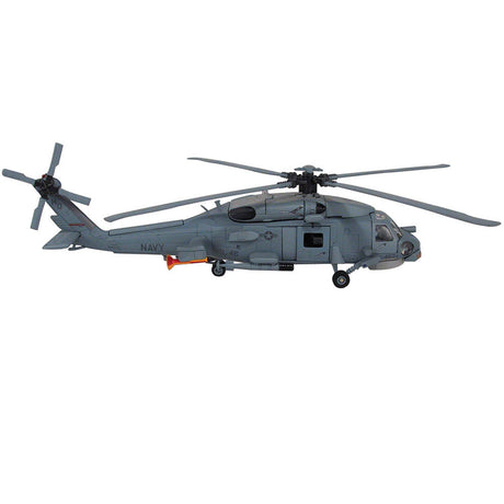 This 1:60 scale die-cast metal Sikorsky SH-60 (MH-60) Sea Hawk helicopter measures 10.5 inches long and includes display stand. Limited Edition replica is individually serial numbered.  Diecast metal and plastic Includes display stand Doors open and propeller spins 10.5 inches long 1:60 scale