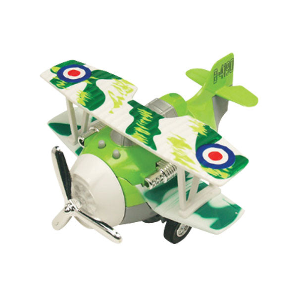 4 Inch Long Durable Die Cast Metal and Plastic Friction Powered Pullback Action Biplane Aircraft with Spinning Propeller when in Motion in Assorted Colors.