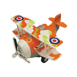 4 Inch Long Durable Die Cast Metal and Plastic Friction Powered Pullback Action Biplane Aircraft with Spinning Propeller when in Motion in Assorted Colors.