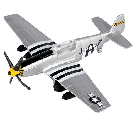 This is a diecast metal replica of the aircraft flown during World War II featuring the "D-Day markings", black and white stripes on the fuselage and wings. This replica has a 4.5 inch wingspan and measures 3.5 inches long. Kids can use their imagination to create tactical flights, air defense operations, and ground attacks! Great value! INWW51 P-51 Mustang Diecast Metal Fighter